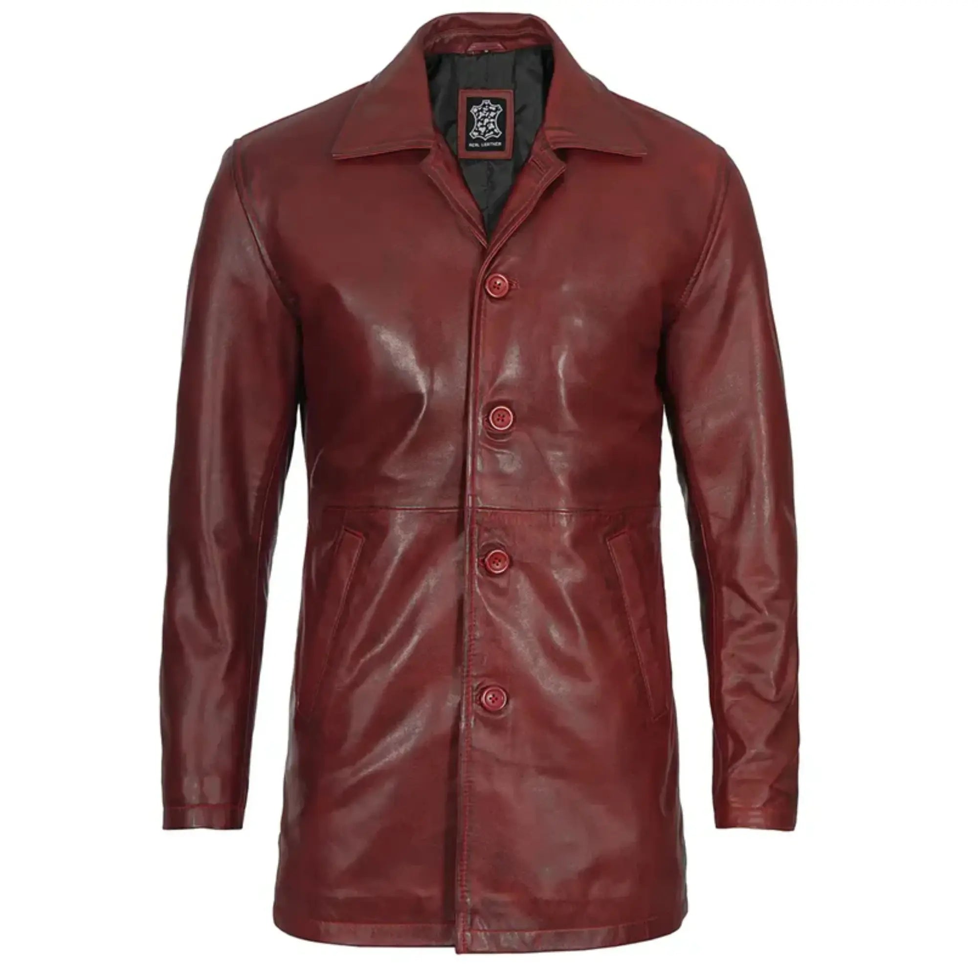 Mens Maroon Real Leather Car Coat