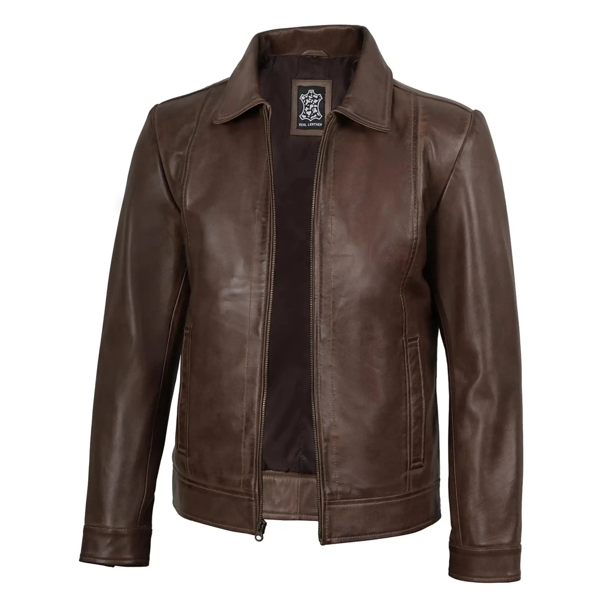 Brown leather jacket on a white background