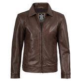 Brown leather jacket with a brand label on a white background