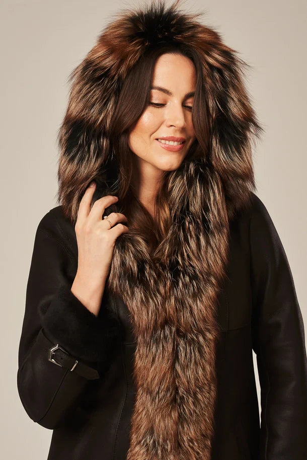 Noira - Women's Shearling Coat with Fur Hood