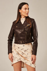 Nyra - Women's Sheepskin Leather Brown Biker Jacket