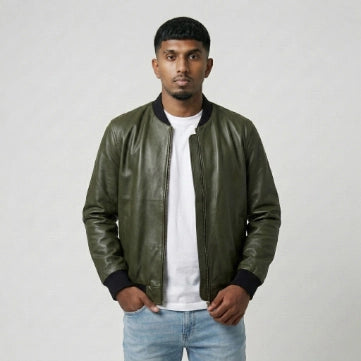 Olive Sheepskin Leather Bomber Style Jacket For Men