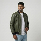 Olive Sheepskin Leather Bomber Style Jacket For Men