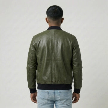 Olive Sheepskin Leather Bomber Style Jacket For Men