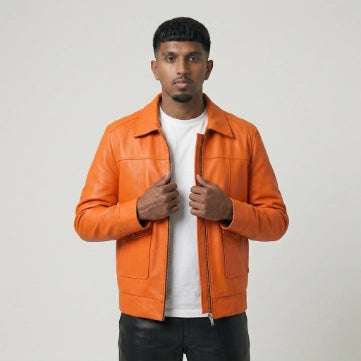 Orange Sheepskin Leather Bomber Style Jacket For Men