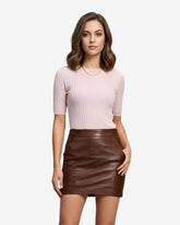 Premium Brown Real Leather Mini Skirt with Side Pockets