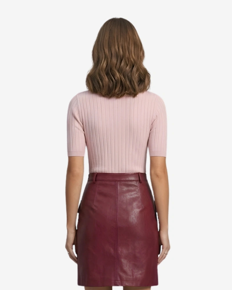Premium Burgundy Real Leather Mini Skirt with Cargo Pockets