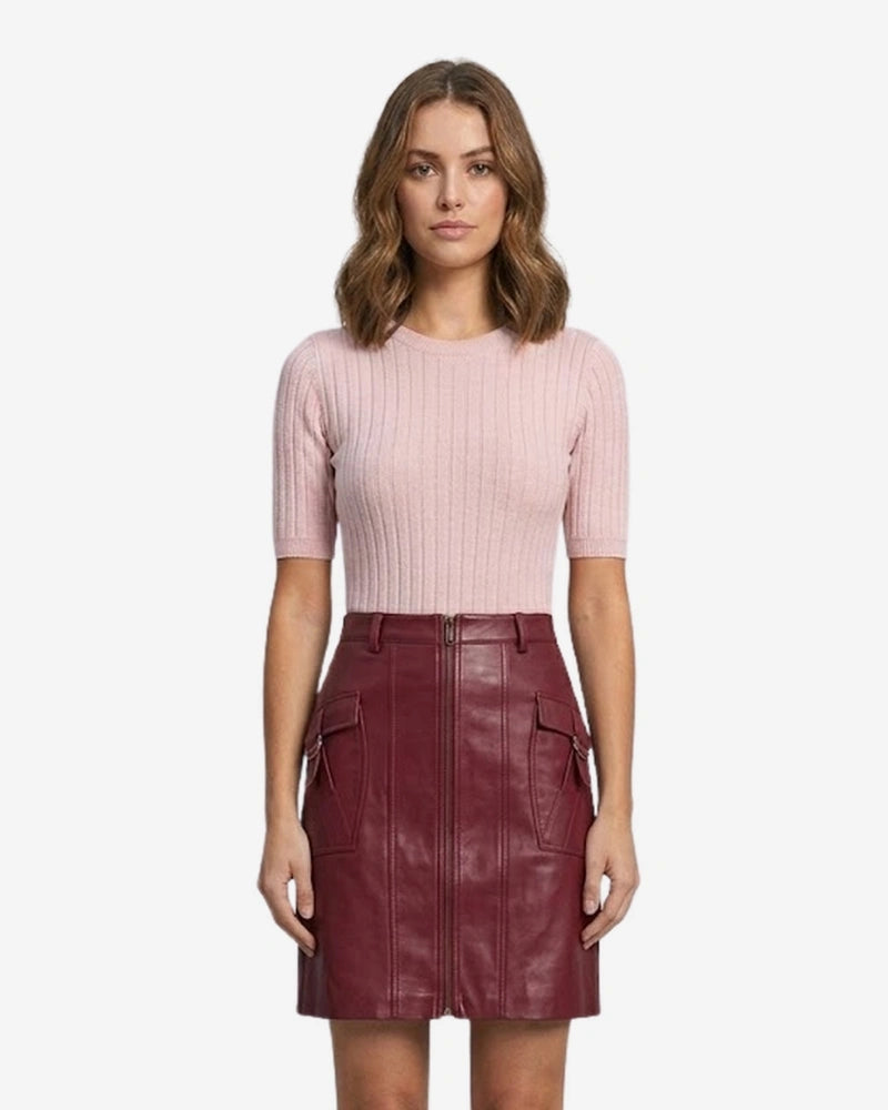 Premium Burgundy Real Leather Mini Skirt with Cargo Pockets