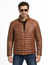 Quilted Dual Tone Brown Leather Puffer Jacket