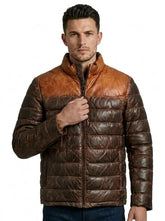 Quilted Dual Tone Tan and Brown Leather Puffer Jacket