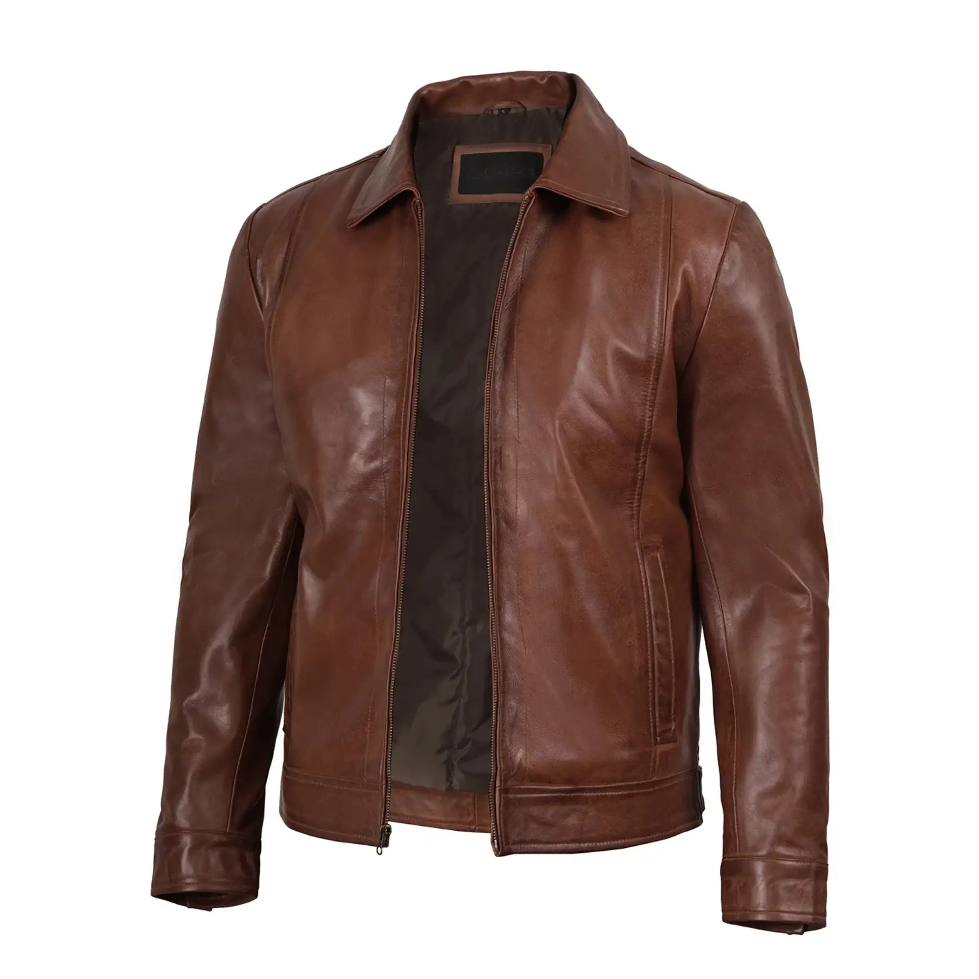 Brown leather jacket on a white background