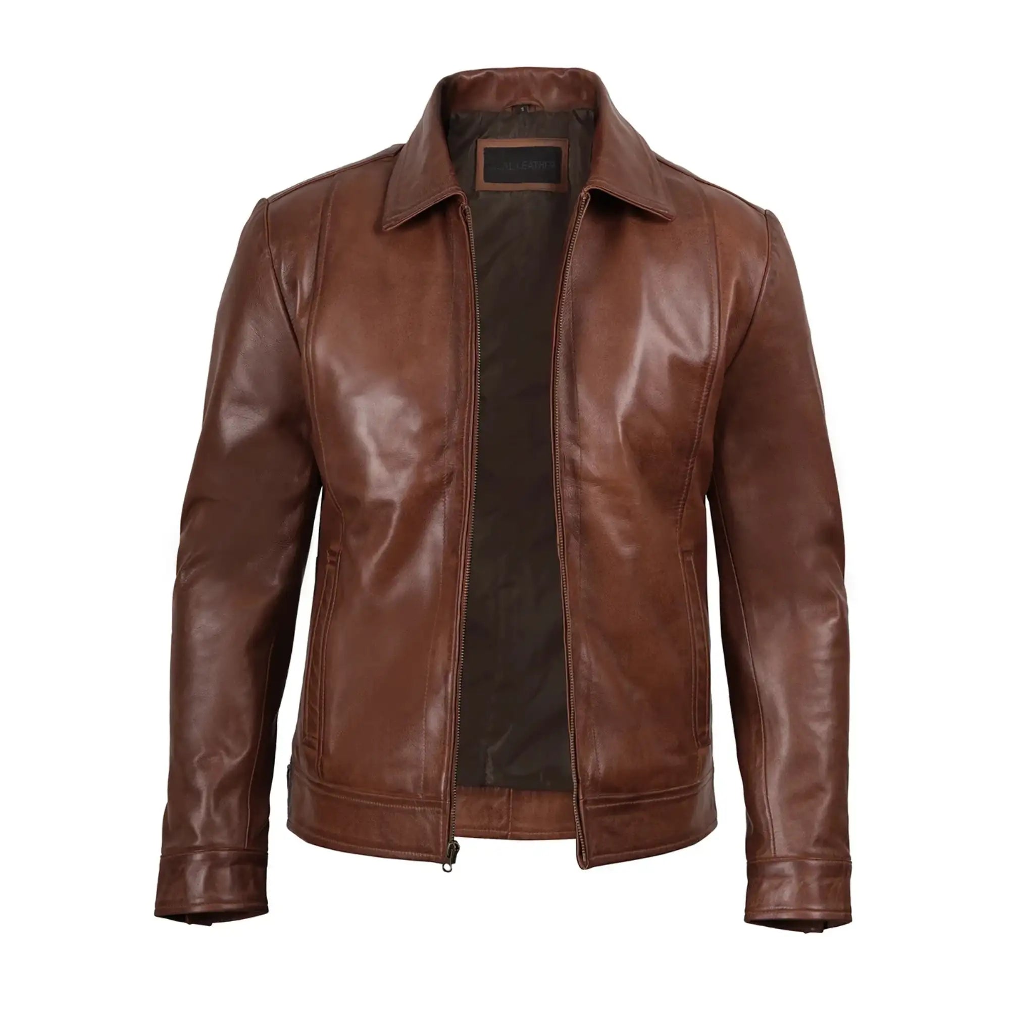 Brown leather jacket on a white background