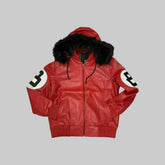 Red Hooded Sheepskin Leather Bomber Jacket For Men