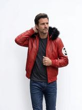 Red Hooded Sheepskin Leather Bomber Jacket For Men