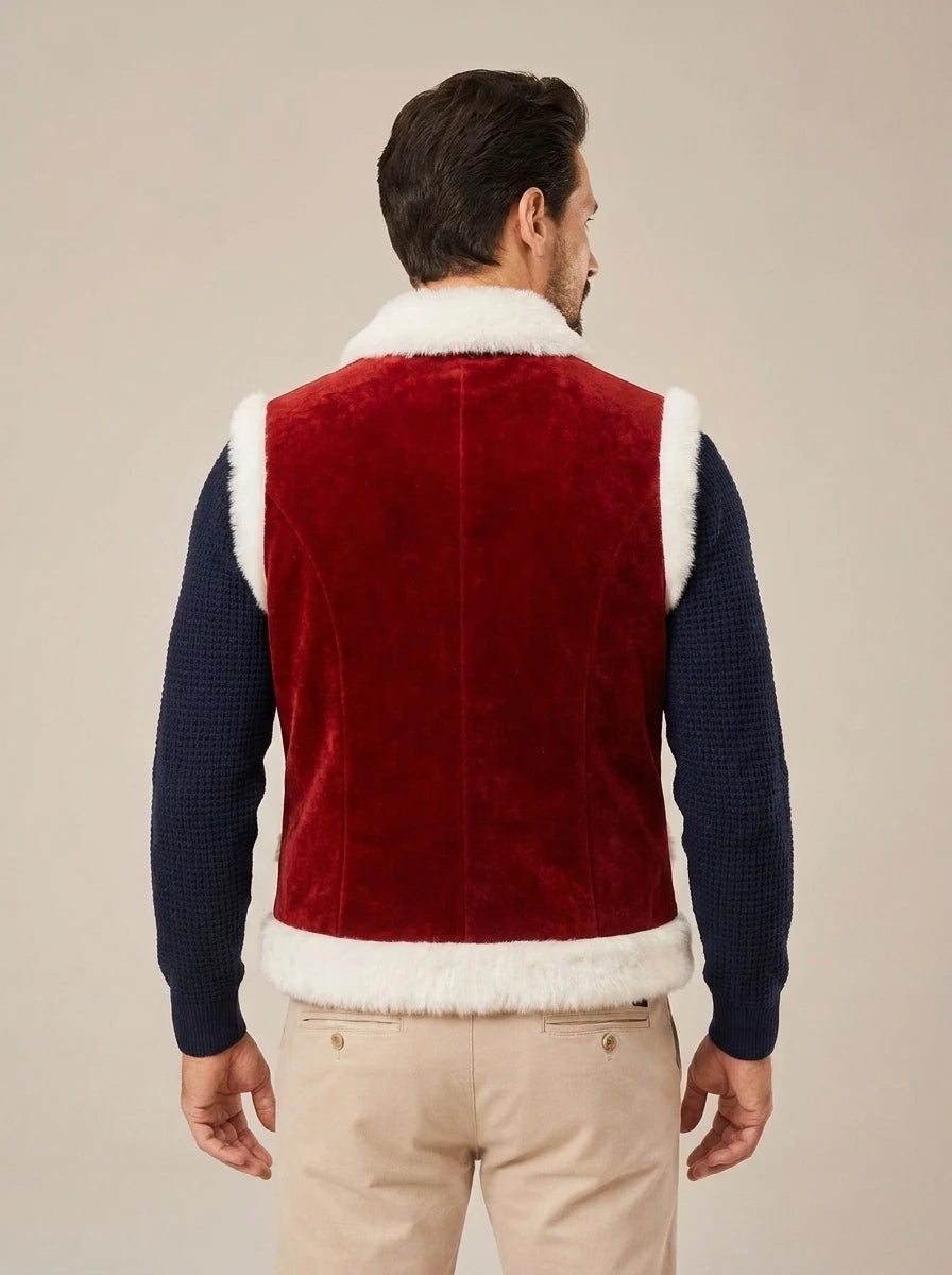Red suede Santa vest for men featuring a white faux fur collar and festive design