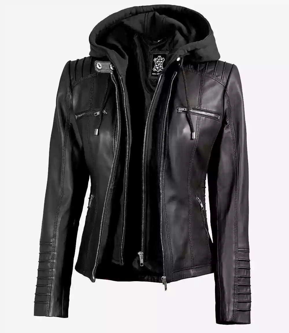 Women's Black Sheepskin Leather Jacket with Removable Hood