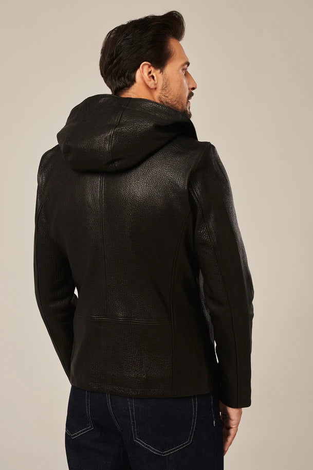 Rexton - Men's black Moto leather jacket with hood