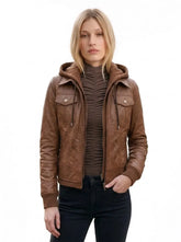 Roselina - Women's Tan Brown Leather Bomber Jacket with Removable Hood