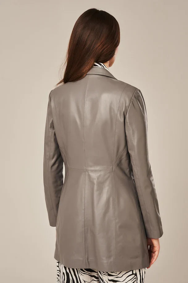 Serelle - Women's Long Length Gray Leather Blazer