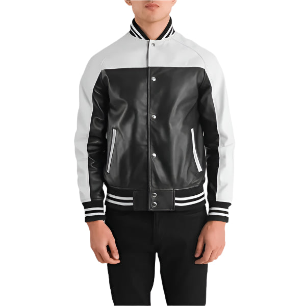 Terrance Black & White Leather Varsity Jacket on a White background