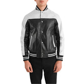 Terrance Black & White Leather Varsity Jacket on a White background