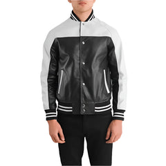 Terrance Black & White Leather Varsity Jacket on a White background