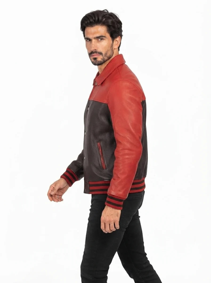 Terrance Red & Black Sheepskin Leather Varsity Jacket