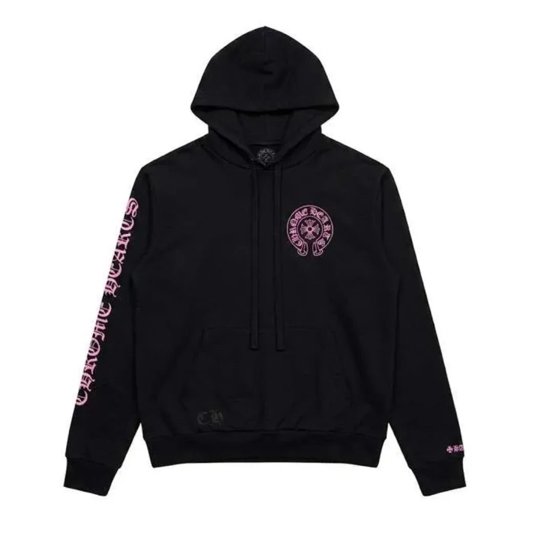 Unisex Black and Pink Pullover Fleece Hoodie with Kangaroo Pocket