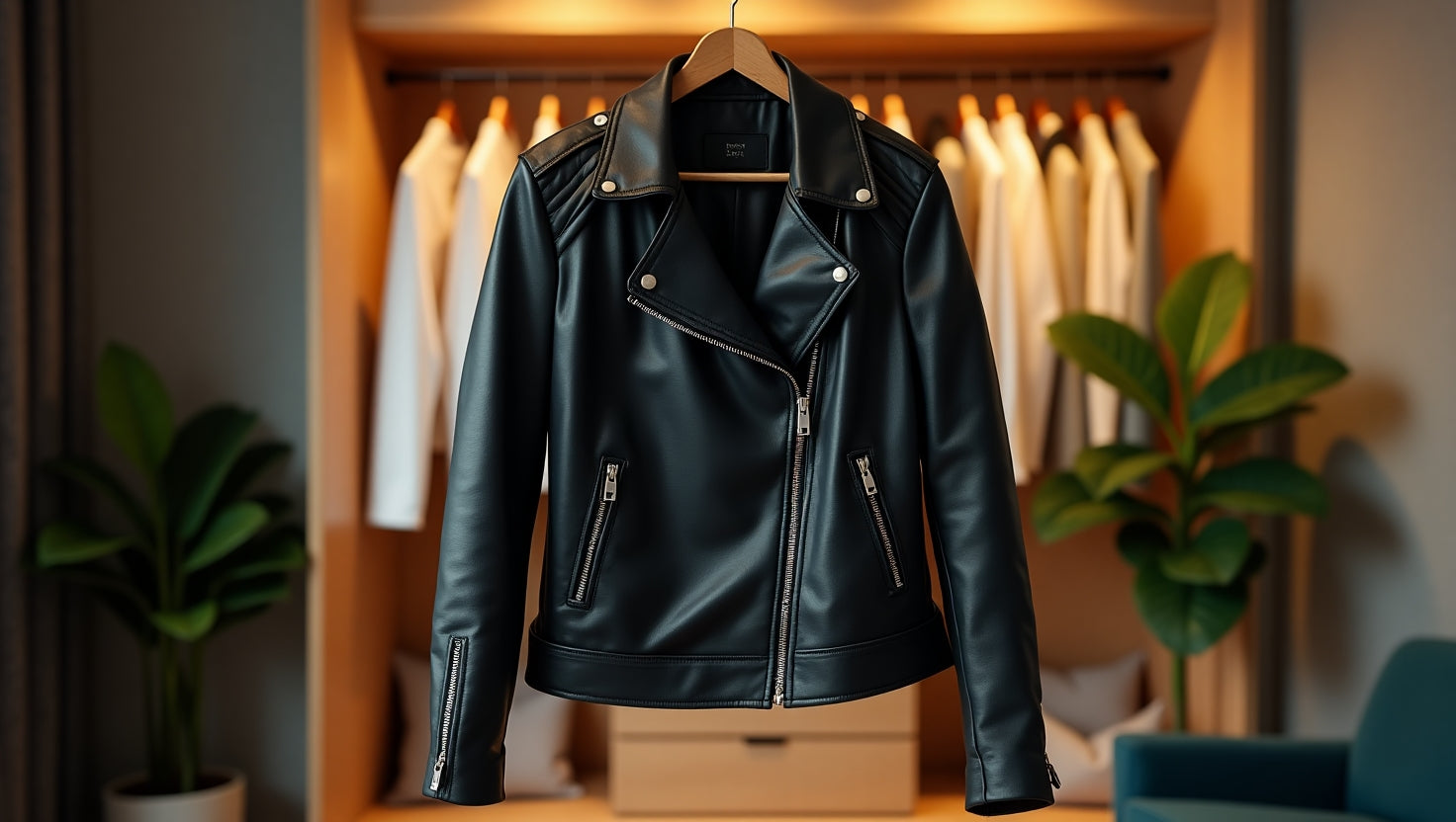unwind Leather Black leather jacket on a hanger with a blurred indoor background