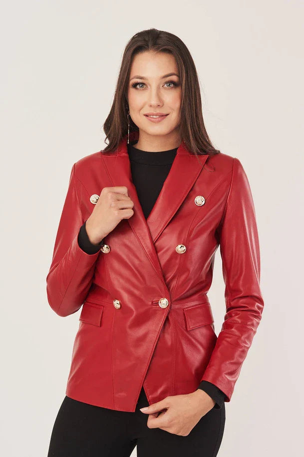 Vanthea - Women's Sheepskin Red Leather Blazer