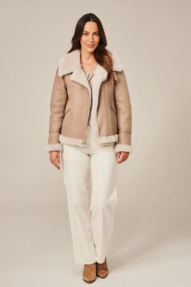 Vella - Women's Beige Pilot Shearling Jacket