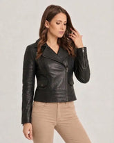 Veylora - Women's Black Quilted Motorcycle Leather Jacket