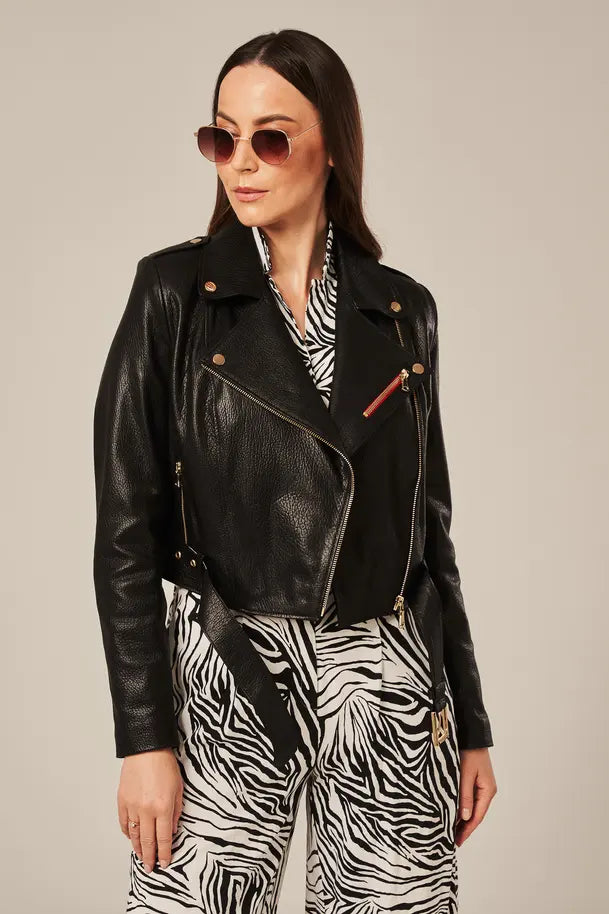 Virella - Women's Black Sheepskin Leather Biker Jacket