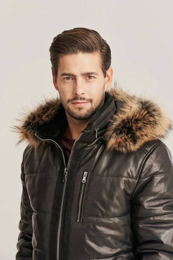 Voren - Men's Bomber Style Hooded Puffer Leather Jacket