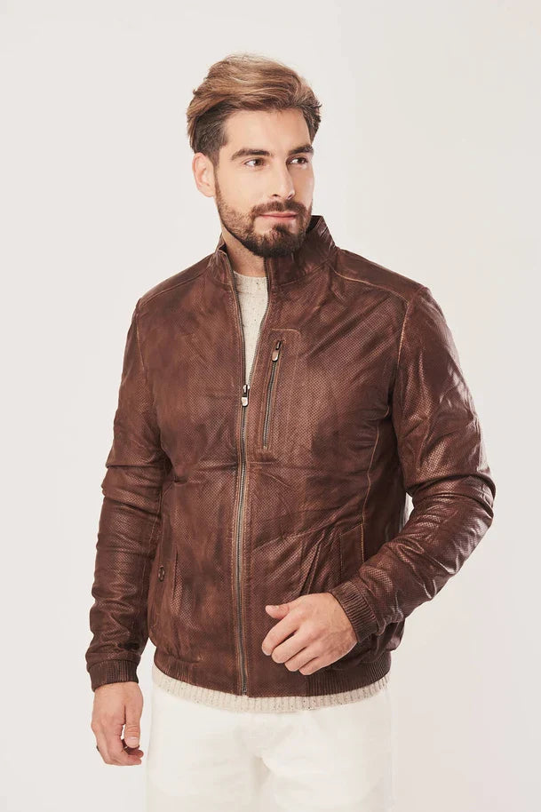 Vorn - Men's Distressed Brown Leather Bomber Jacket