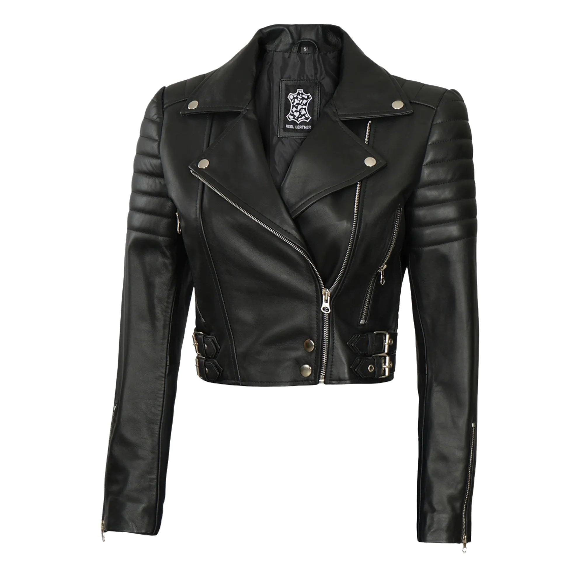 Women Asymmetrical Black Cropped Biker Style Sheepskin Leather Jacket