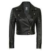 Women Asymmetrical Black Cropped Biker Style Sheepskin Leather Jacket