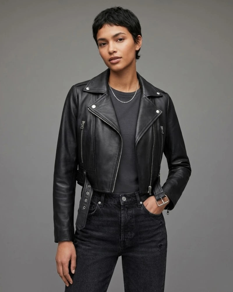 Women Black Asymmetrical Cropped Leather Jacket
