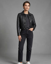 Women Black Leather Cropped Quilted Jacket