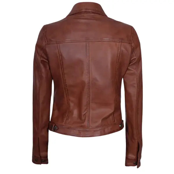 Women Cognac Brown Trucker Leather Jacket