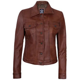Women Cognac Brown Trucker Leather Jacket