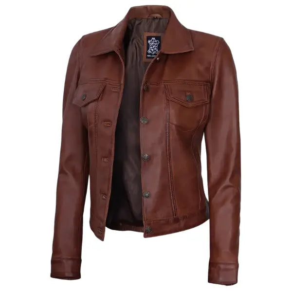 Women Cognac Brown Trucker Leather Jacket
