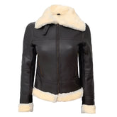 Women Dark Brown Leather Bomber Shearling Jacket