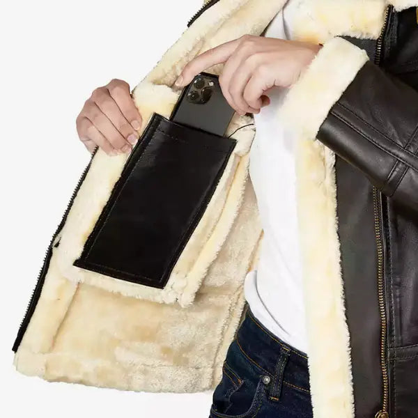 Women Dark Brown Leather Bomber Shearling Jacket