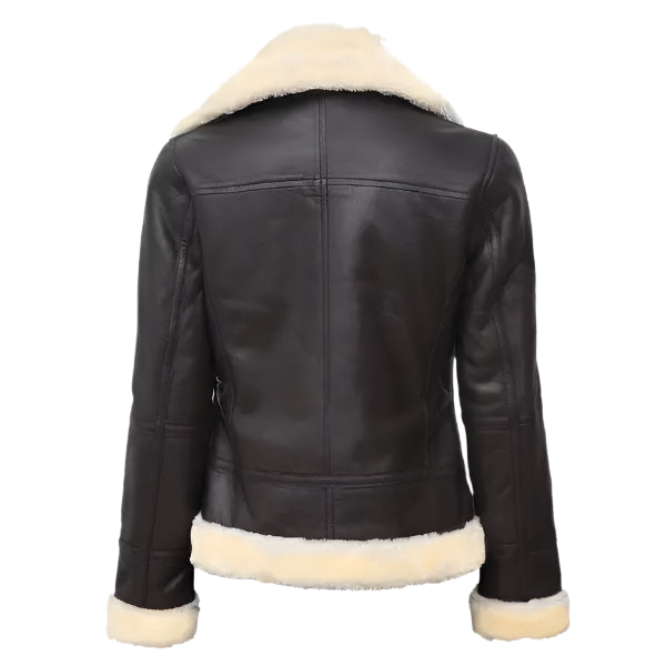 Women Dark Brown Leather Bomber Shearling Jacket