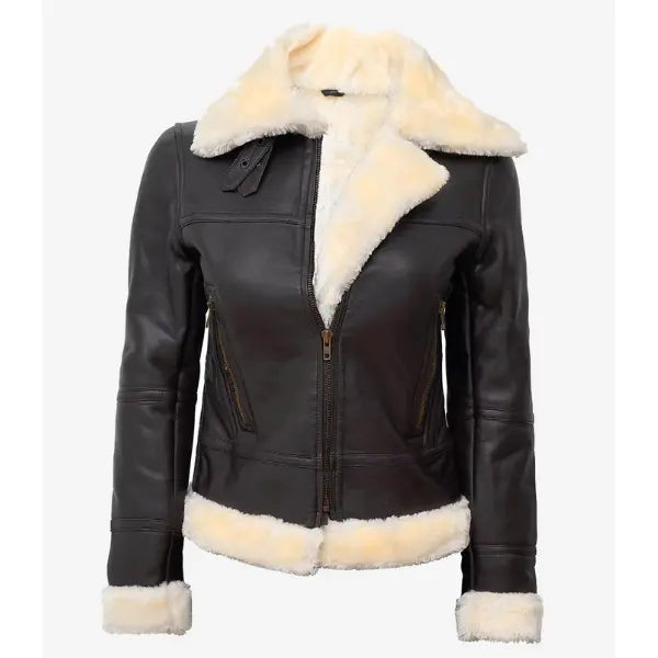 Women Dark Brown Leather Bomber Shearling Jacket