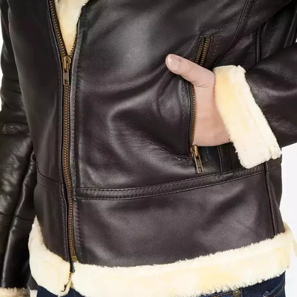 Women Dark Brown Leather Bomber Shearling Jacket