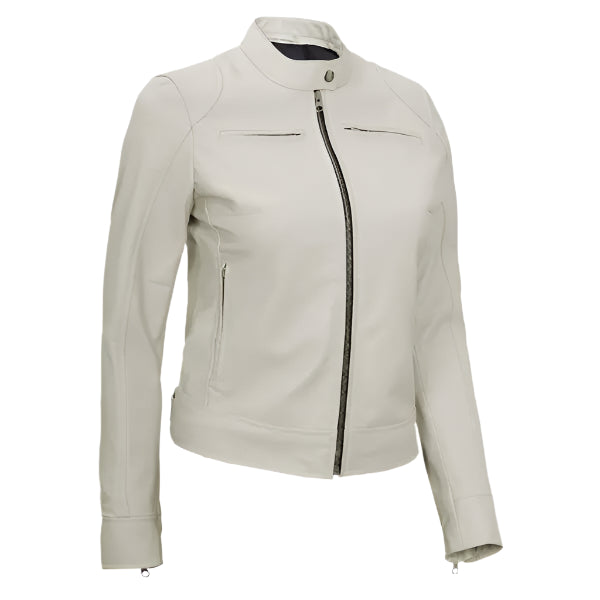 Women Off White Cafe Racer Leather Jacket on a white background