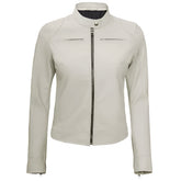 Women Off White Cafe Racer Leather Jacket on a white background