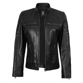 Women Cafe Racer Quilted Black Leather Jacket